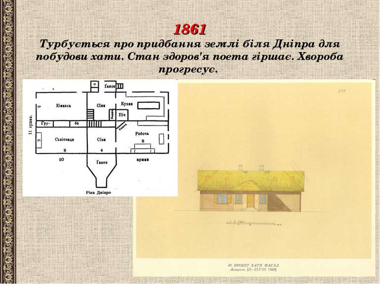 1861 Турбується про придбання землі біля Дніпра для побудови хати. Стан здоро...