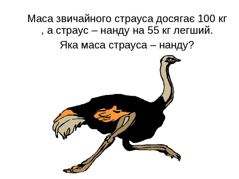 Маса звичайного страуса досягає 100 кг , а страус – нанду на 55 кг легший. Як...