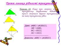 Третя ознака рівності трикутників Теорема 14. Якщо три сторони одного трикутн...