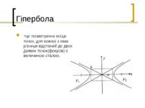 Гіпербола -це геометричне місце точок, для кожної з яких різниця відстаней до...