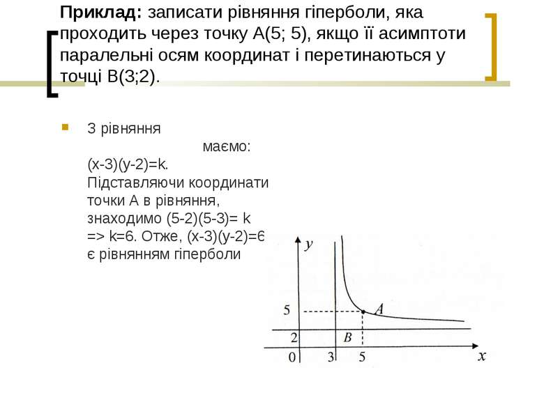 Приклад: записати рівняння гіперболи, яка проходить через точку А(5; 5), якщо...