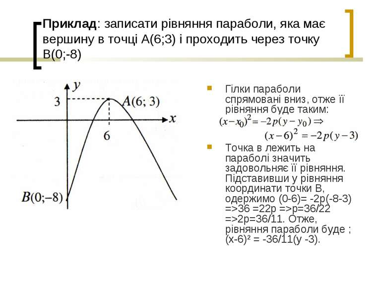Приклад: записати рівняння параболи, яка має вершину в точці А(6;3) і проходи...