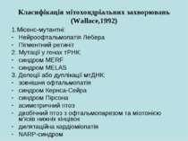 Класифікація мітохондріальних захворювань (Wallace,1992) 1.Місенс-мутантні: Н...
