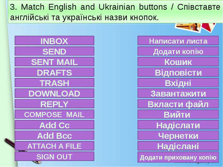 3. Match English and Ukrainian buttons / Співставте англійські та українські ...