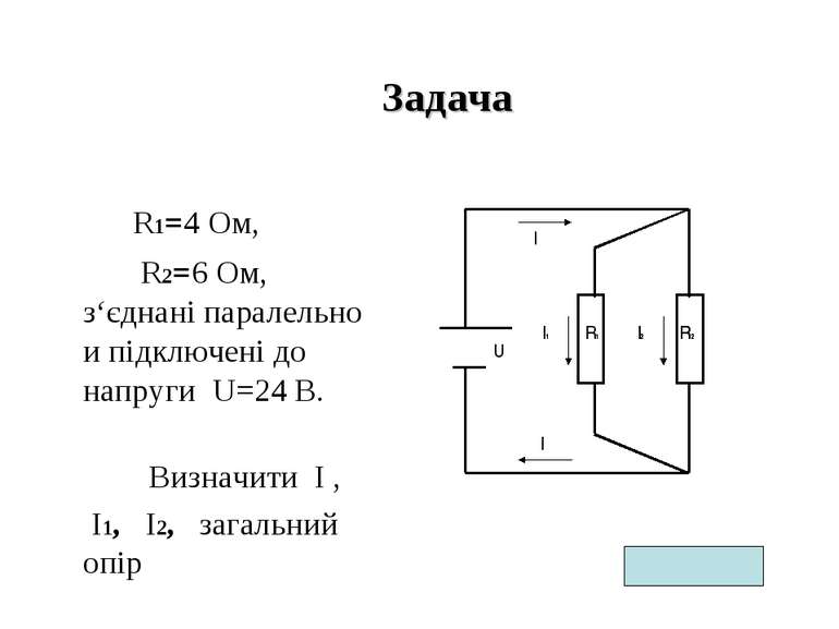 Задача R1=4 Ом, R2=6 Ом, з‘єднані паралельно и підключені до напруги U=24 В. ...