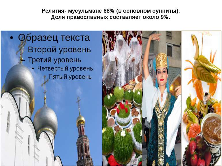 Религия- мусульмане 88% (в основном сунниты). Доля православных составляет ок...