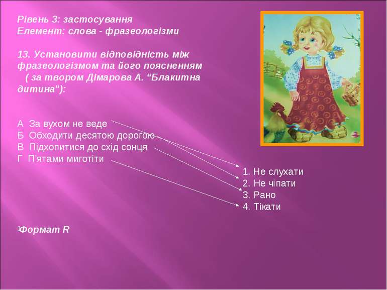 Рівень 3: застосування Елемент: слова - фразеологізми 13. Установити відповід...