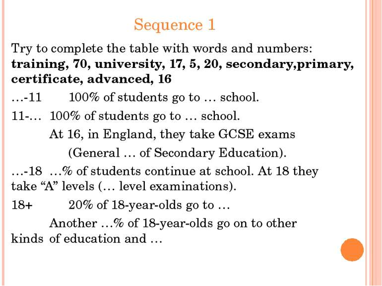 Sequence 1 Try to complete the table with words and numbers: training, 70, un...