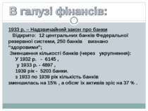 1933 р. – Надзвичайний закон про банки Відкрито: 12 центральних банків Федера...