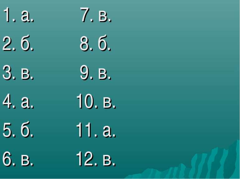 1. а. 7. в. 2. б. 8. б. 3. в. 9. в. 4. а. 10. в. 5. б. 11. а. 6. в. 12. в.