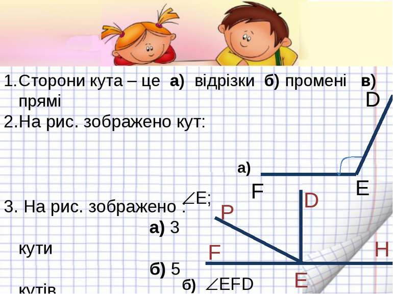 Сторони кута – це а) відрізки б) промені в) прямі На рис. зображено кут: а) Е...