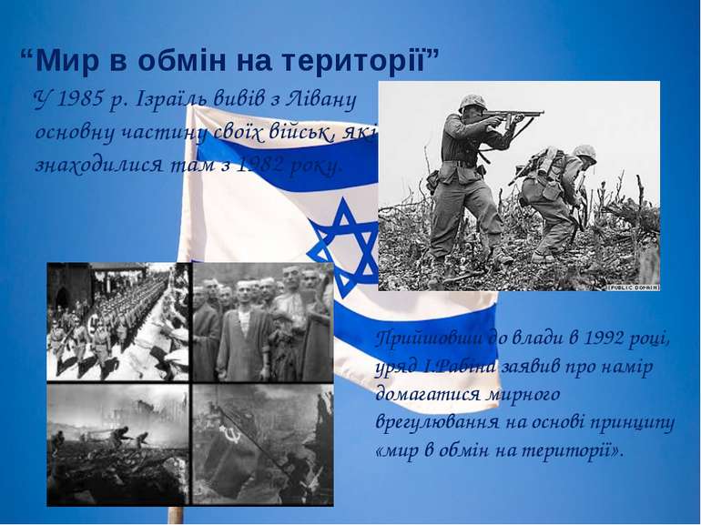 “Мир в обмін на території” У 1985 р. Ізраїль вивів з Лівану основну частину с...