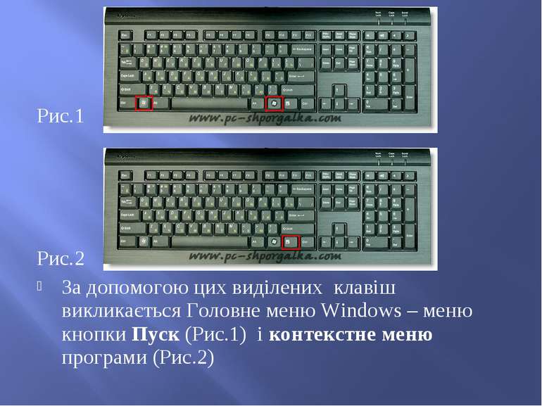 Рис.1 Рис.2 За допомогою цих виділених клавіш викликається Головне меню Windo...