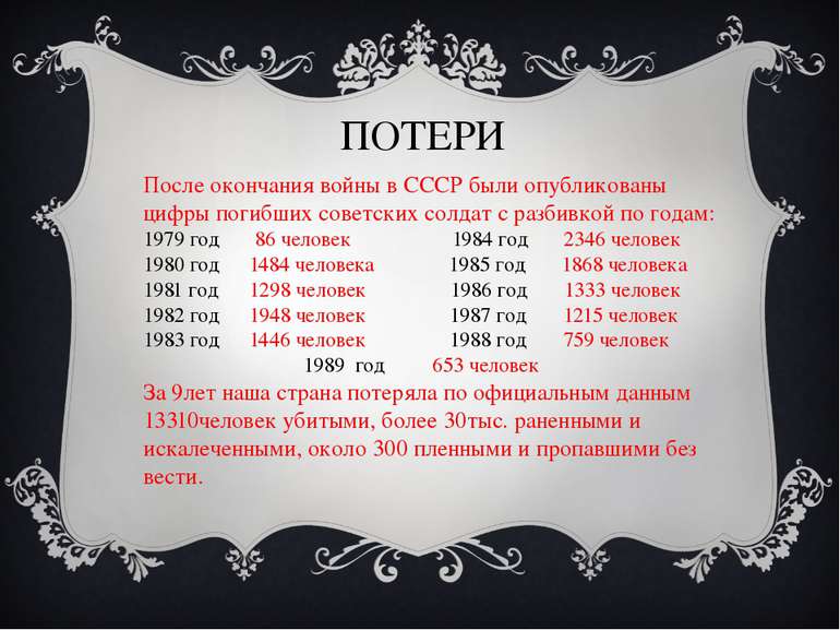 ПОТЕРИ После окончания войны в СССР были опубликованы цифры погибших советски...