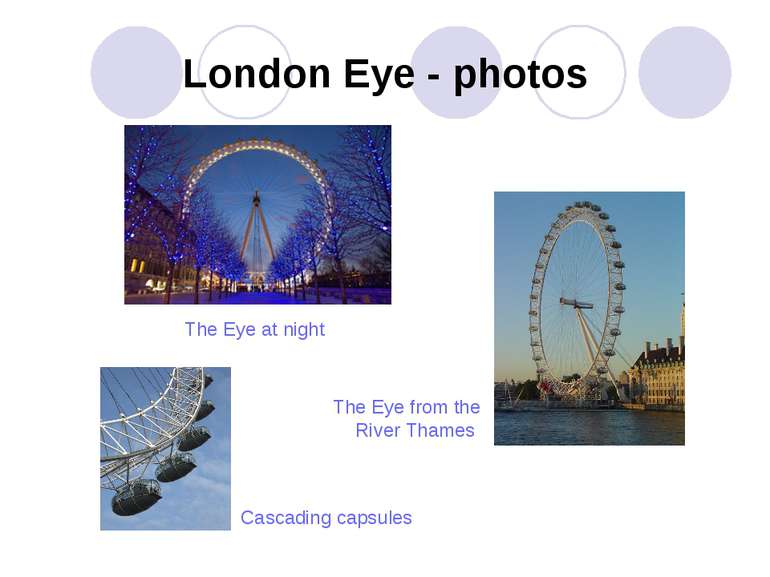 London Eye - photos Cascading capsules The Eye at night The Eye from the Rive...