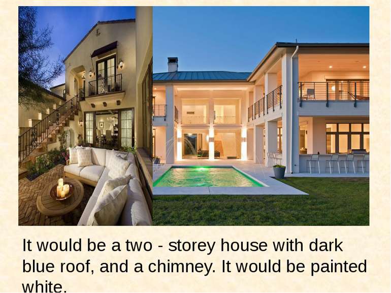 It would be a two - storey house with dark blue roof, and a chimney. It would...