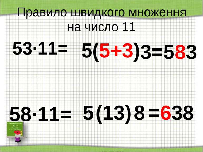 http://aida.ucoz.ru Правило швидкого множення на число 11 53∙11= 5 3 (5+3) =5...