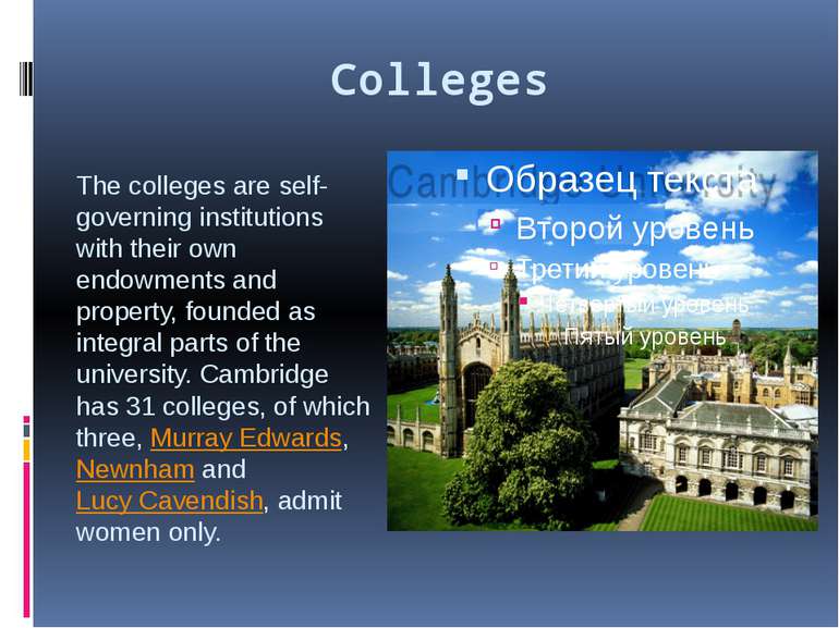 Colleges The colleges are self-governing institutions with their own endowmen...