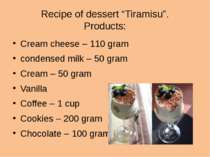 Recipe of dessert “Tiramisu”. Products: Cream cheese – 110 gram condensed mil...