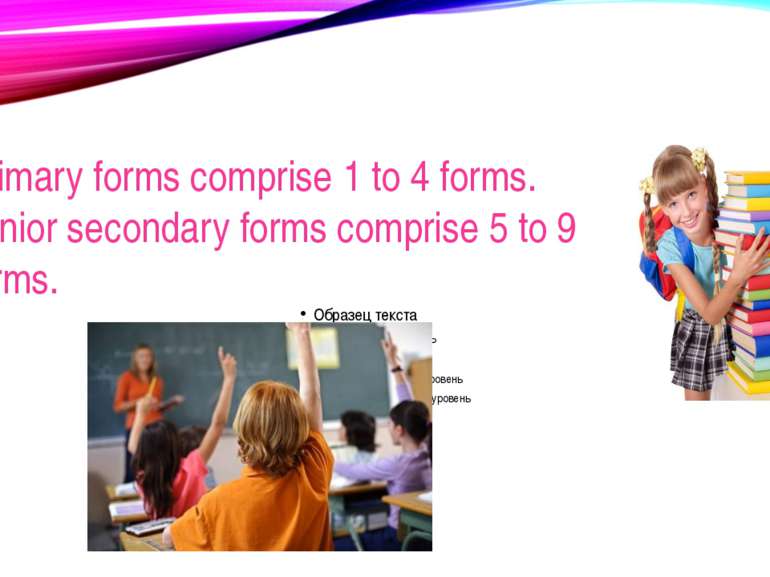 Primary forms comprise 1 to 4 forms. Junior secondary forms comprise 5 to 9 f...