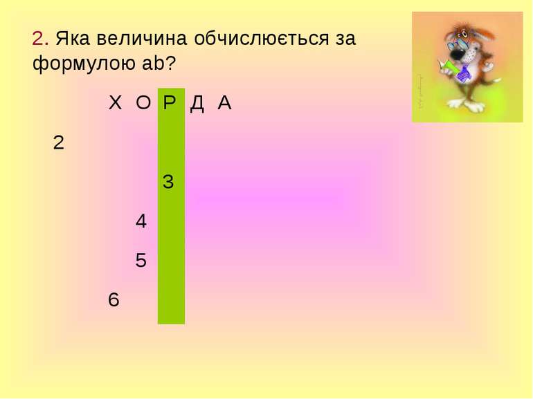 2. Яка величина обчислюється за формулою ab? Х О Р Д А 2 3 4 5 6