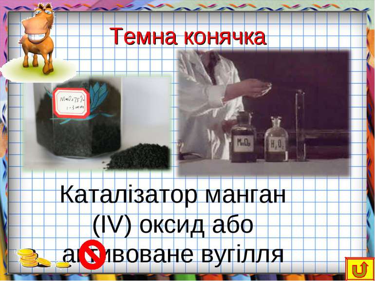 Темна конячка Каталізатор манган (ІV) оксид або активоване вугілля