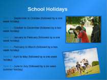 School Holidays Term 1 - September to October (followed by a one week holiday...