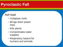 Pyroclastic Fall Ash load Collapses roofs Brings down power lines Kills plant...