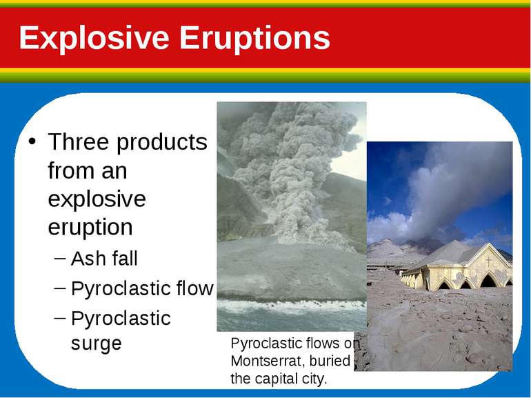 Three products from an explosive eruption Ash fall Pyroclastic flow Pyroclast...