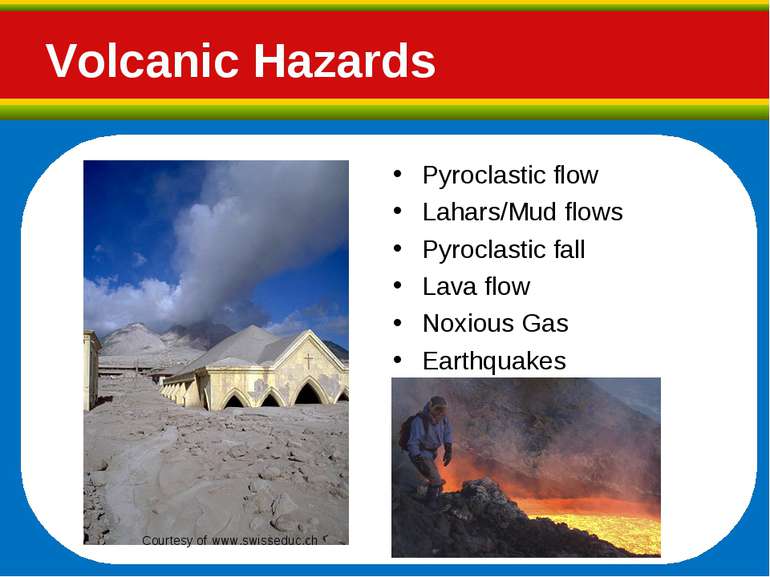 Pyroclastic flow Lahars/Mud flows Pyroclastic fall Lava flow Noxious Gas Eart...