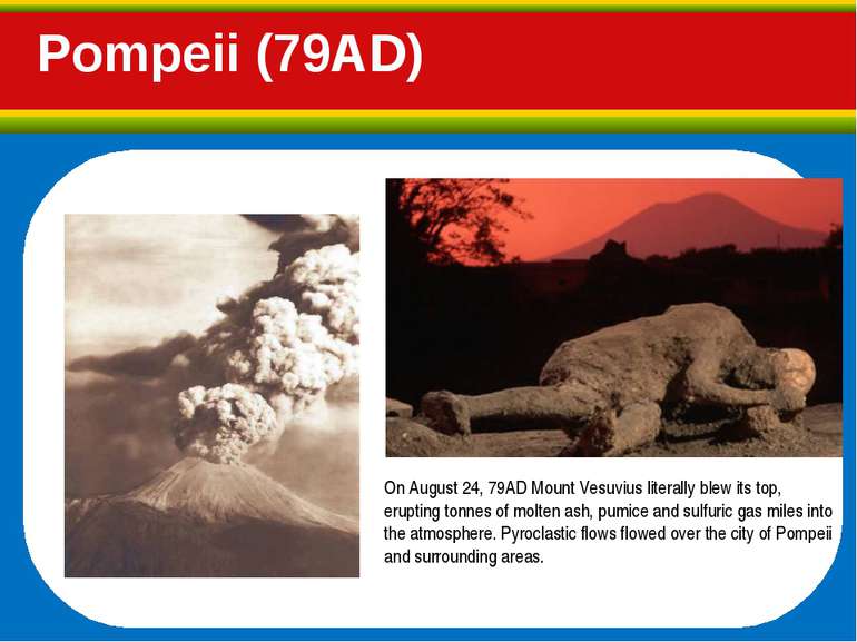 Pompeii (79AD) On August 24, 79AD Mount Vesuvius literally blew its top, erup...