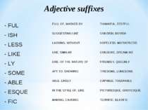 Adjective suffixes - FUL FULL OF, MARKED BY THANKFUL, ZESTFUL - ISH SUGGESTIN...