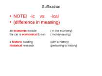 Suffixation NOTE! -ic vs. -ical (difference in meaning) an economic miracle (...