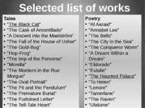 Selected list of works Tales "The Black Cat" "The Cask of Amontillado" "A Des...