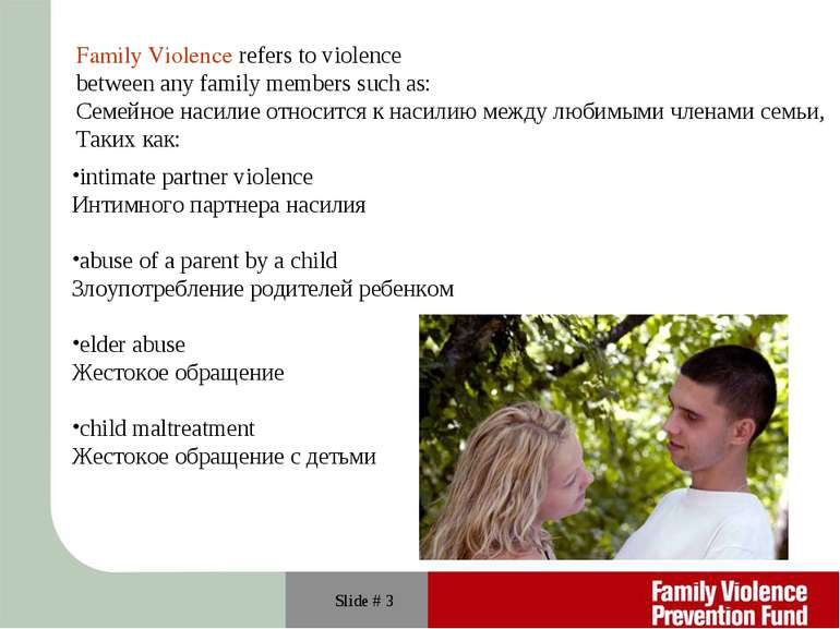 Slide # * Family Violence refers to violence between any family members such ...