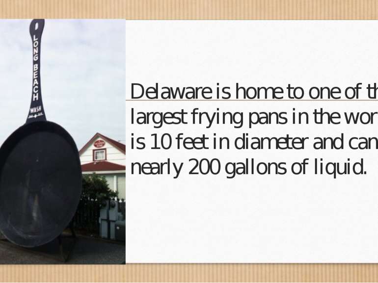 Delaware is home to one of the largest frying pans in the world. It is 10 fee...