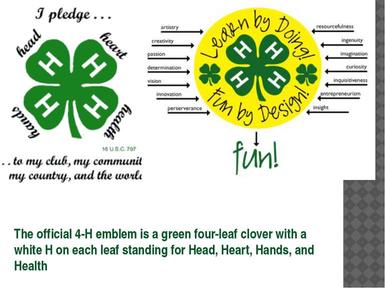 The official 4-H emblem is a green four-leaf clover with a white H on each le...