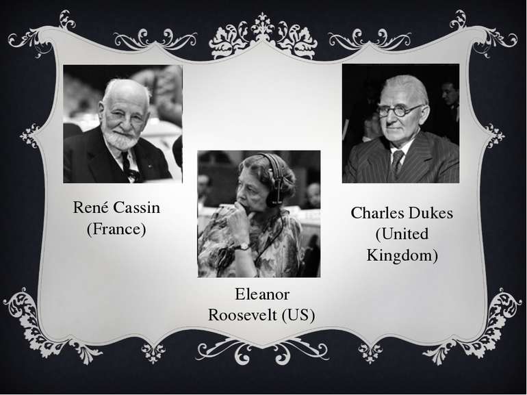 René Cassin (France) Eleanor Roosevelt (US) Charles Dukes (United Kingdom)