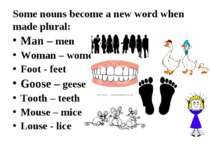 Some nouns become a new word when made plural: Man – men Woman – women Foot -...