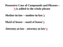 Possessive Case of Compounds and Phrases – ‘s is added to the whole phrase Mo...