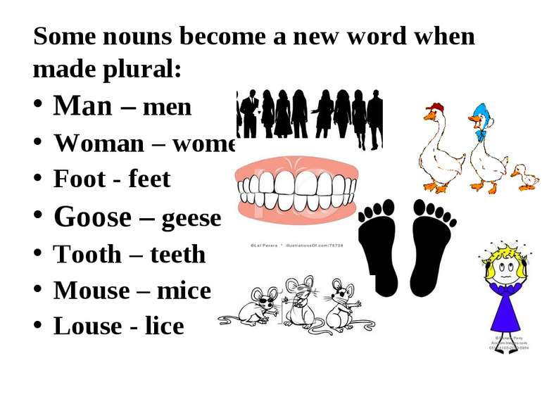 Some nouns become a new word when made plural: Man – men Woman – women Foot -...