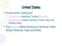 United States Known as the “melting pot” Academics = “salad bowl” (cultural d...