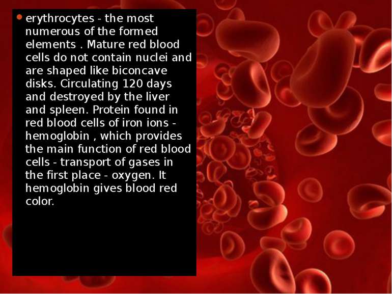 erythrocytes - the most numerous of the formed elements . Mature red blood ce...