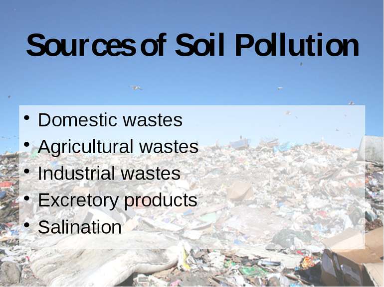 Sources of Soil Pollution Domestic wastes Agricultural wastes Industrial wast...