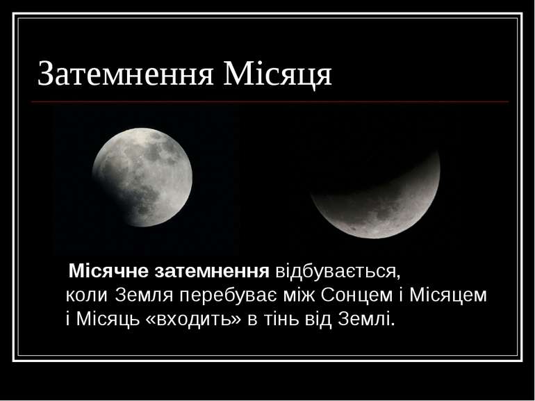Затемнення Місяця Місячне затемнення відбувається, коли Земля перебуває між С...
