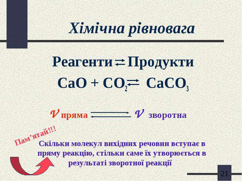 Хімічна рівновага Реагенти Продукти CaO + CO2 CaCO3 V пряма V зворотна Скільк...