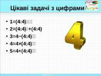 Цікаві задачі з цифрами 1=(4:4)⁴⁴⁴ 2=(4:4)⁴+(4:4) 3=4−(4:4)⁴⁴ 4=4×(4:4)⁴⁴ 5=4...