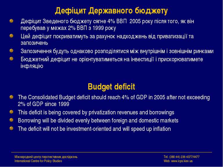 Дефіцит Державного бюджету Дефіцит Зведеного бюджету сягне 4% ВВП 2005 року п...