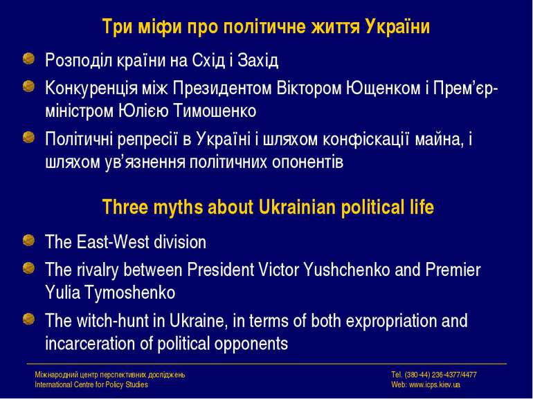 Три міфи про політичне життя України Розподіл країни на Схід і Захід Конкурен...
