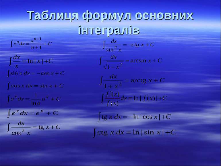 Таблиця формул основних інтегралів